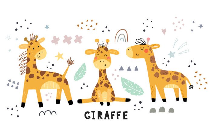 Papier peint  De joyeuses girafes sur un fond blanc.