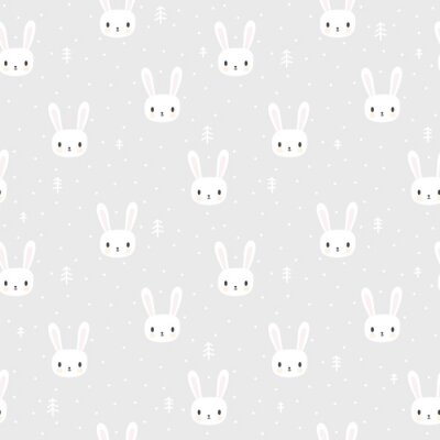 Papier peint  De petits lapins blancs et des arbres sur un fond gris