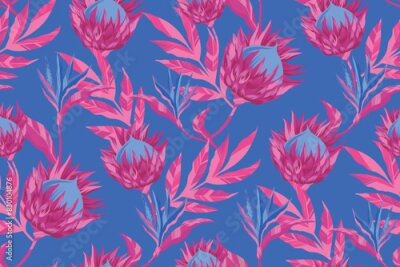 Papier peint  Decorative floral seamless pattern with protea, strelitzia and leaves. Exotic floral ornament for fashion textile, wrapping paper.