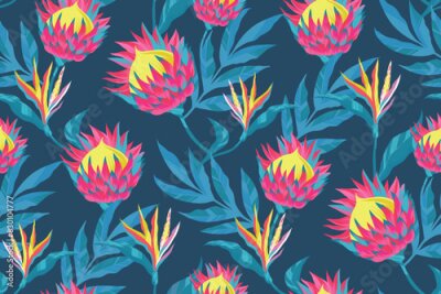 Papier peint  Decorative floral seamless pattern with protea, strelitzia and leaves. Exotic floral ornament for fashion textile, wrapping paper.