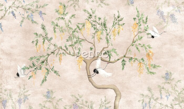 Papier peint  Decorative flowering tree with flying cranes. Mural, Wallpaper for interior design.