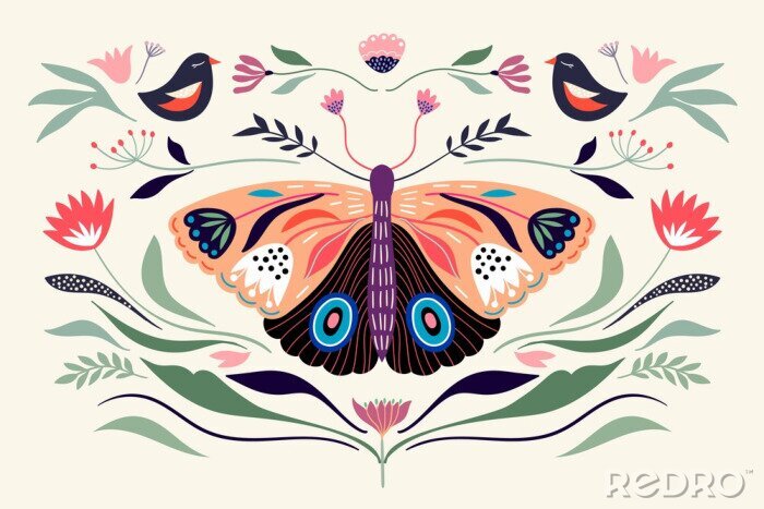 Papier peint  Decorative poster/banner/composition with floral elements, butterfly,different flowers and plants