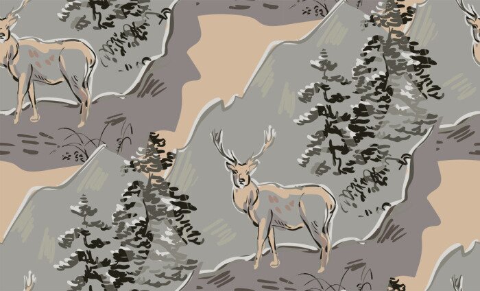 Papier peint  deer vector japanese chinese nature ink illustration engraved sketch traditional textured seamless pattern colorful watercolor