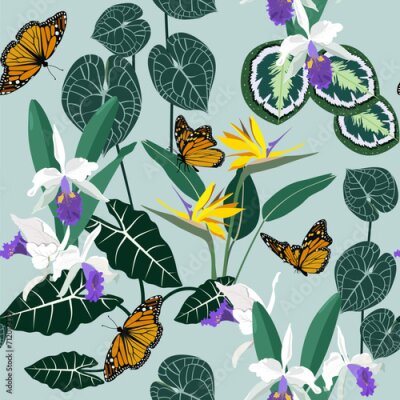 Papier peint  Delicate orchids, strelitzia, butterflies and tropical leaves
