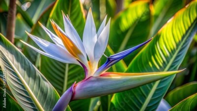 Papier peint  Delicate white petals and purple-blue tongue-like shapes of a giant White Bird of Paradise blossom unfold amidst lush green leaves of exotic Strelitzia plant.