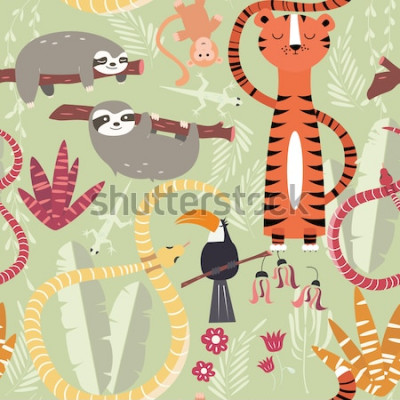 Papier peint  Des animaux de la forêt tropicale version dessin
