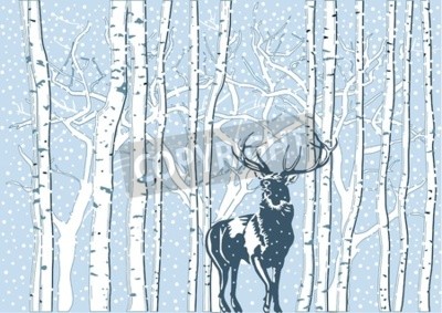 Papier peint  Des bouleaux graphiques et un cerf