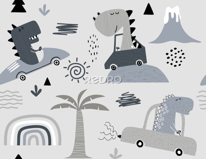 Papier peint  Des dinosaures dans des voitures et style scandinave