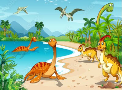 Papier peint  Des dinosaures joyeux sur la plage au style cartoon