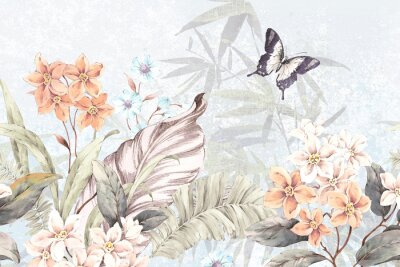 Papier peint  Des fourrés fleuris et un papillon