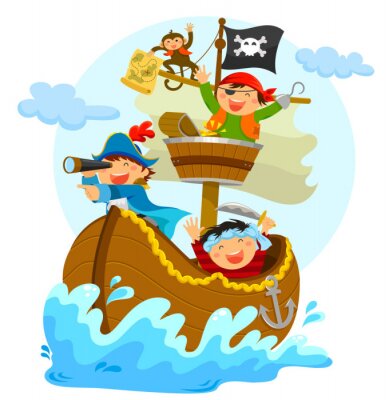 Papier peint  Des pirates sur un bateau avec un singe