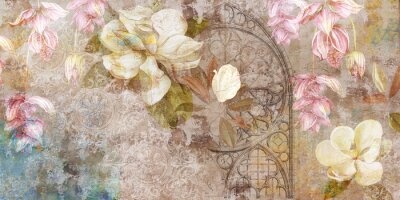 Papier peint  Design for mural, wallpaper, photo wallpaper, card, postcard. Floral background. Magnolia, jasmine flowers illustration.