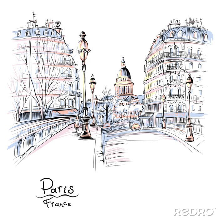 Papier peint  Dessin à la main de vecteur. Pont sur la Seine Pont Louis Philippe près de l'Ile de la Cité dans la matinée d'hiver, Panthéon en arrière-plan, Paris, France.