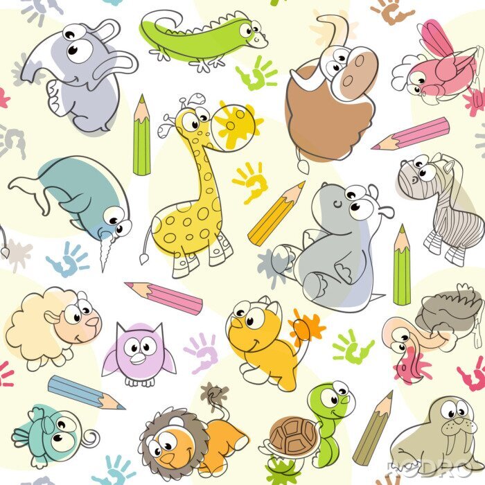 Papier peint  Dessin avec des animaux colorés