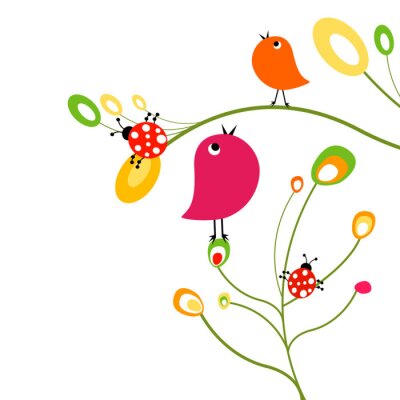 Papier peint  Dessin coloré avec oiseaux et coccinelles