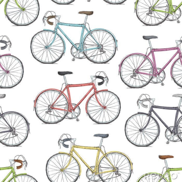 Papier peint  Dessin coloré vélos sur fond blanc