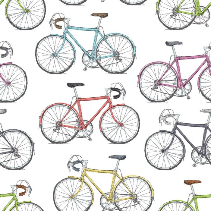 Papier peint  Dessin coloré vélos sur fond blanc