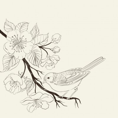 Papier peint  Dessin d'un oiseau sur une branche