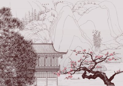 Papier peint  Dessin d'un paysage chinois