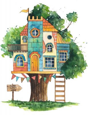 Dessin d'une maison colorée pour enfant dans un arbre