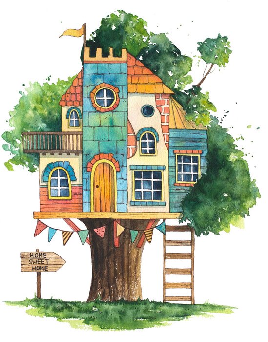 Papier peint  Dessin d'une maison colorée pour enfant dans un arbre