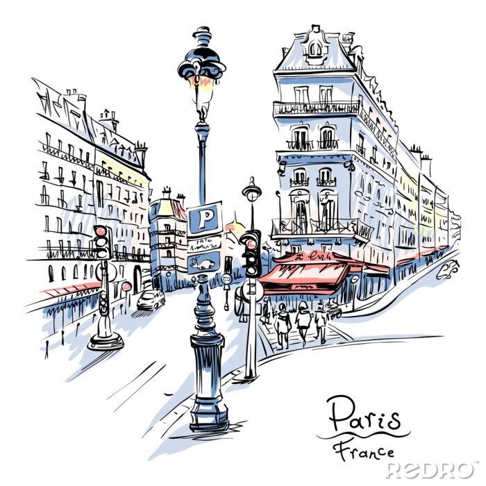 Papier peint  Dessin de main de vecteur. Rue parisienne avec maisons traditionnelles et lanternes, Paris, France.