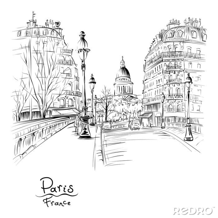 Papier peint  Dessin de main Vector noir et blanc. Pont sur la Seine Pont Louis Philippe près de l'Ile de la Cité le matin d'hiver, Panthéon en arrière-plan, Paris, France.