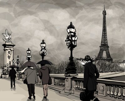 Dessin du pont Alexandre III à Paris montrant la Tour Eiffel