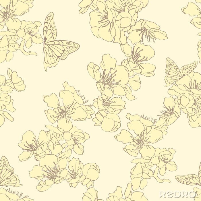 Papier peint  Dessin floral avec des papillons