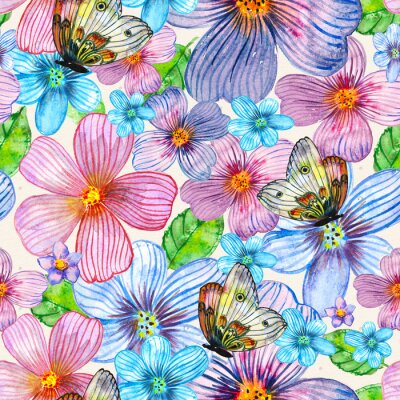 Papier peint  Dessin floral et papillons