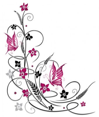 Papier peint  Dessin floral papillons