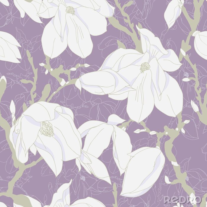 Papier peint  Dessin mauve avec des magnolias