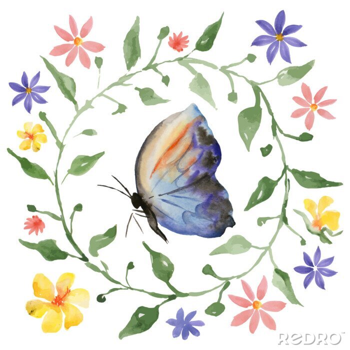 Papier peint  Dessin ravissant papillon et fleurs