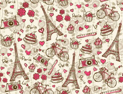 Papier peint  Dessin rose avec les symboles de Paris