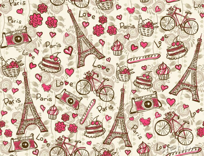Papier peint  Dessin rose avec les symboles de Paris