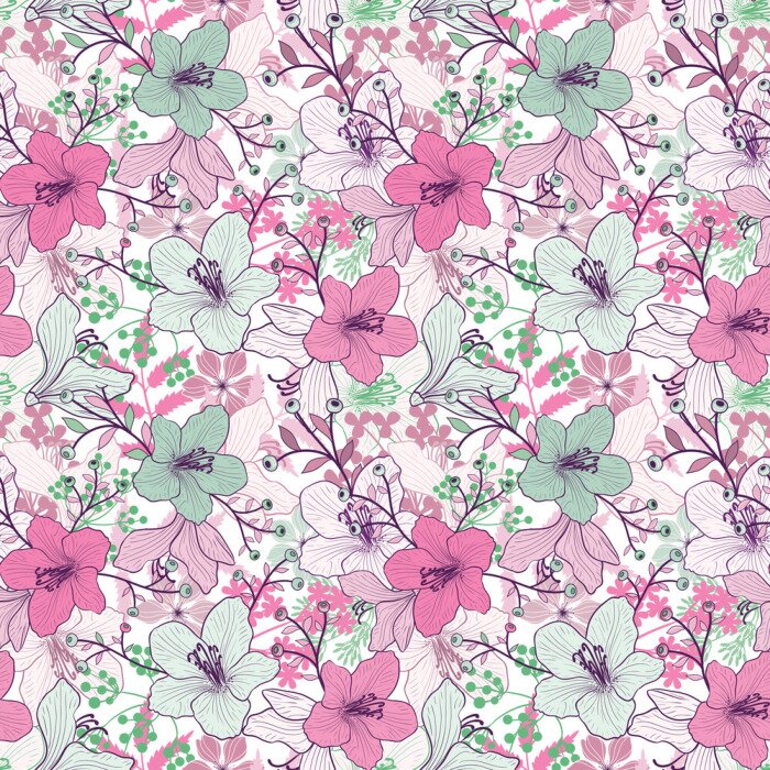 Papier peint  Dessin rose et bleu orchidées et feuilles