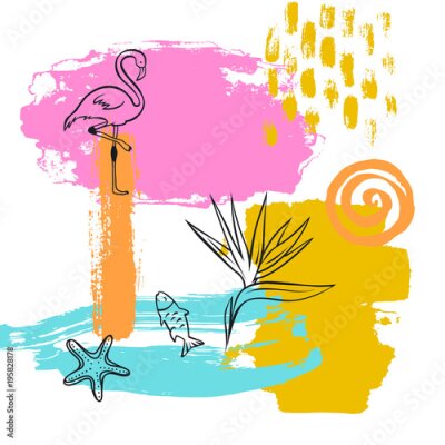 Papier peint  dessinés à la main abstraite abstraite heure d'été vacances plage peinture pinceau art AVC texturé et souligné collage fond de carte avec poisson flamant seastar strelitzia fleur doodles