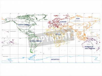 Papier peint  Détail Carte du monde avec des noms de Continent et pays, vecteur isolé par groupe