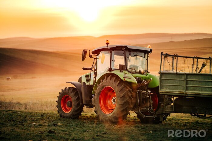 Papier peint  Détails de l'agriculteur travaillant dans les champs avec tracteur sur fond de coucher de soleil. Détails de l'industrie agricole