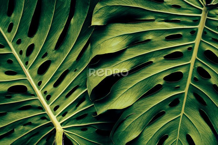 Papier peint  Deux feuilles de monstera vert macro