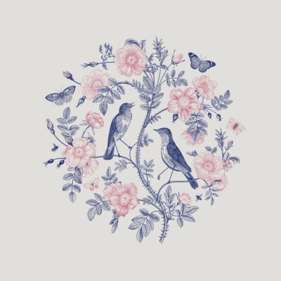 Sticker  Deux oiseaux et une branche de rose