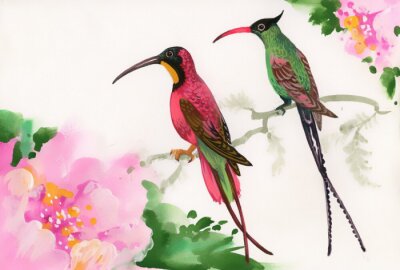Papier peint  Deux oiseaux près de fleurs roses