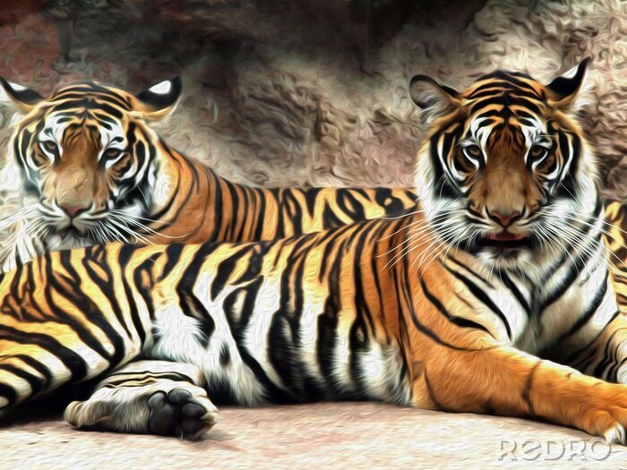 Papier peint  Deux tigres dans une grotte