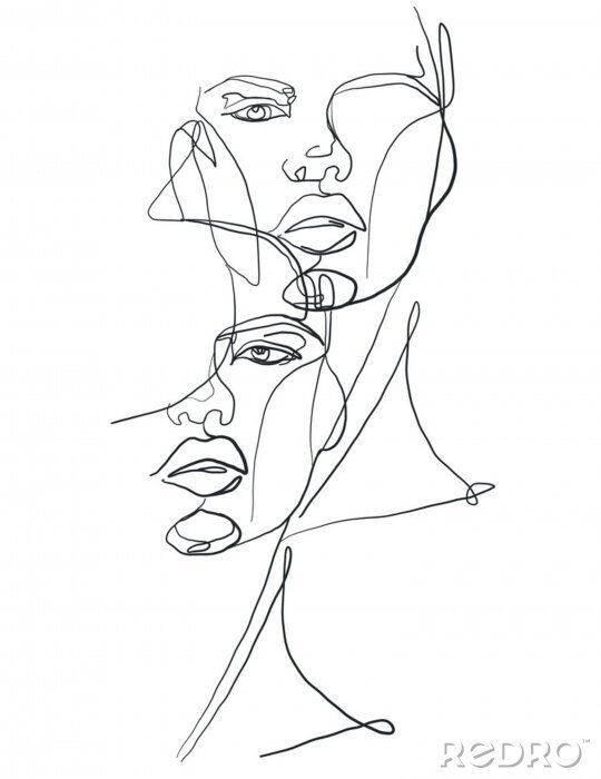 Papier peint  Deux visages sur fond blanc style line-art
