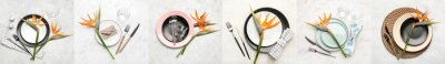 Papier peint  Different table settings with exotic strelitzia flowers on light background