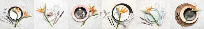 Papier peint  Different table settings with exotic strelitzia flowers on light background