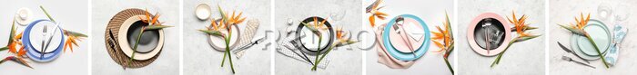 Papier peint  Different table settings with exotic strelitzia flowers on light background