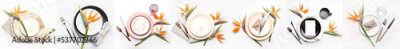Papier peint  Different table settings with exotic strelitzia flowers on light background, top view