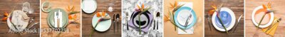 Papier peint  Different table settings with exotic strelitzia flowers, top view