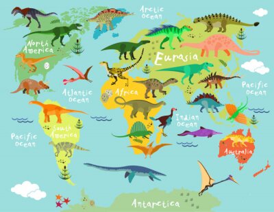 Papier peint  Dinosaures sur une carte du monde